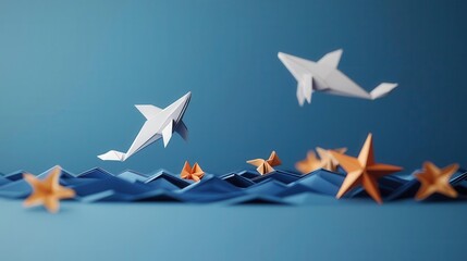 Softlit underwater world with origami dolphins and starfish creating a vibrant, cozy ocean scene