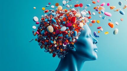 A surreal depiction of a human head with a vibrant array of colorful pills and capsules floating above, symbolizing the impact of medication on mental health and wellbeing.