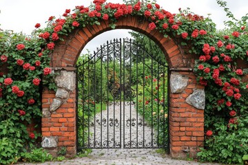  Garden gate framed by blooming red roses on brick arch, lush greenery inside welcomes with romantic, vintage atmosphere