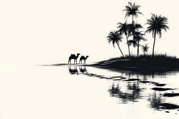  Minimalist black silhouette of camels near palm trees, quiet reflection over desert water, elegant monochrome cultural scene