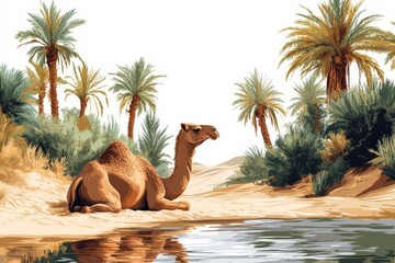  Camel resting by water in desert oasis, surrounded by lush palms and sandy terrain under clear bright daylight