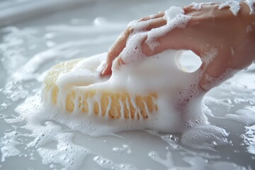  Hand pressing sponge in soapy water, thick foam bubbles cover surface, cleanliness and hygiene concept in everyday routine