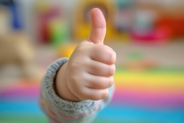  Child’s hand giving thumbs up, soft focus background with rainbow tones, gesture expressing joy, positivity, and approval