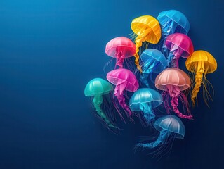 Vibrant origami jellyfish drifting in a deep blue ocean, illuminated by soft, magical underwater light