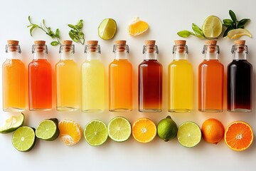  Bottles of citrus juices in rainbow hues, fresh lemon, lime, orange slices and herbs arranged beneath clear corked glassware
