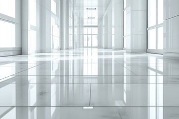  Bright corridor with reflective white tiled floor, large glass walls and strong daylight suggest open modern office architecture