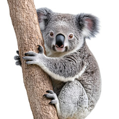 Obraz premium adorable koala bear clinging to tree trunk, close-up portrait against isolated on transparent background
