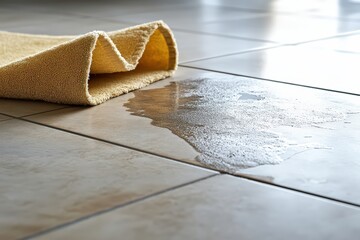  Water spill on tiled floor near rolled towel, domestic accident scene suggesting potential hazard or slip-and-fall risk indoors