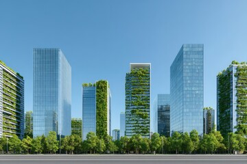 Obraz premium green city skyline with tall modern glass buildings and eco rooftops