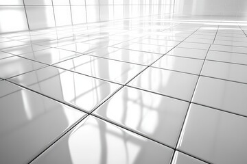  Glossy white tiled floor, sunlight reflections across polished surface, seamless grid design with high modern indoor brightness