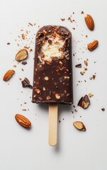 ice cream bar with chocolate and almond nuts on a white background