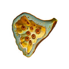 Abstract Close-up of Dried Lotus Seed Pod, Teal and Gold Hues