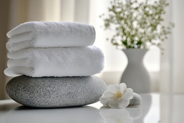  Folded white towels on smooth stone, delicate flower beside vase with tiny blossoms, cozy light, serene home spa vibe