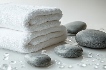  Folded white towels with smooth gray stones, scattered water drops evoke peaceful wellness spa mood, balance and freshness