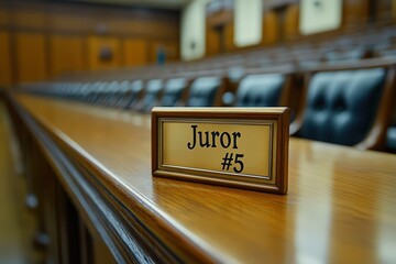  Juror seat in courtroom, wooden interior with nameplate for Juror #5, symbolic setting for justice, trials, civic duty