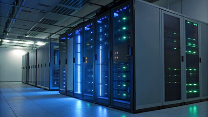 A data center using virtualization technology to run multiple virtual machines on a single server, enhancing efficiency and reducing costs