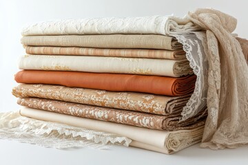  Folded fabric in neutral tones, stack of lace rolls with beige, cream, ivory, and terracotta colors for decorative textile creations