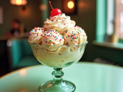 Classic retro sundae with whipped cream and sprinkles in glass