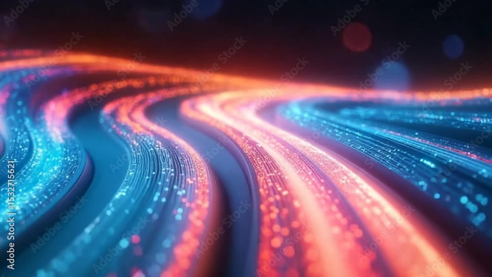 Poster abstract data stream with glowing red and blue particles flowing in cyber space
