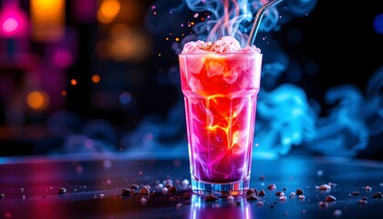 Illuminated Cocktail: A close-up image of a vibrant cocktail drink, illuminated by multi-colored lights, with ice, steam, and the cool metallic straw. It's a perfect representation of taste sensation.