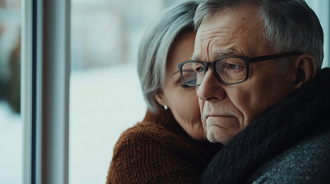 A thoughtful elderly couple shares a quiet moment together indoors, reflecting on their life experiences while a soft winter scene unfolds outside the window. - Powered by Adobe