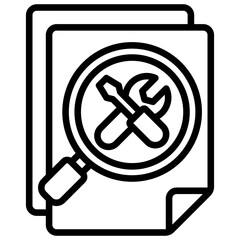 Skill Review Outline Style Icon - Document with magnifier and tools shows reviewing trainee technical skills from evaluations