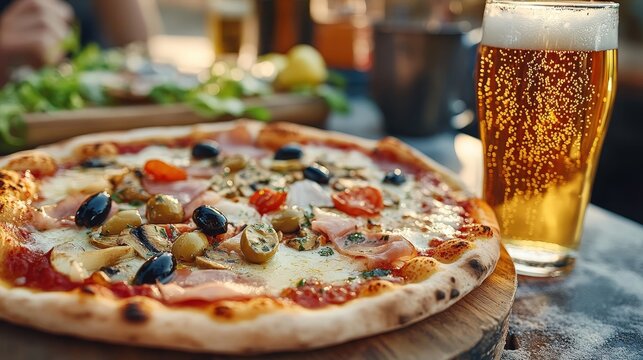 Delicious pizza quattro stagioni with beer enjoying italian lunch outdoors