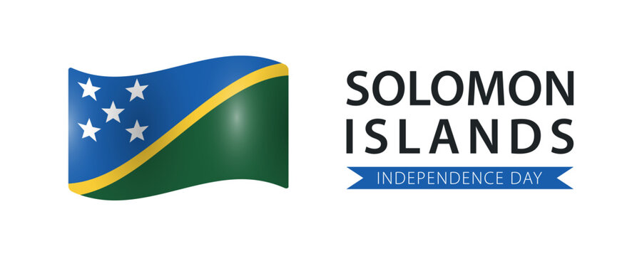 Solomon Islands Independence Day, simple minimalist web banner design. Text Solomon Islands Independence Day and Solomons flag isolated on white background. - Powered by Adobe
