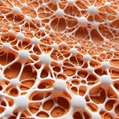 A complex, intertwined network. organic by orange filaments.