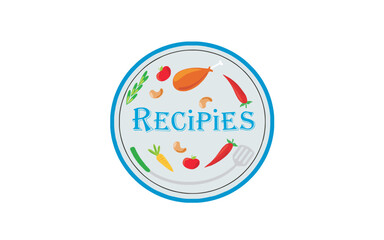 Editable isolated colored recipe typography illustration on a flat blue plate filled with veggies