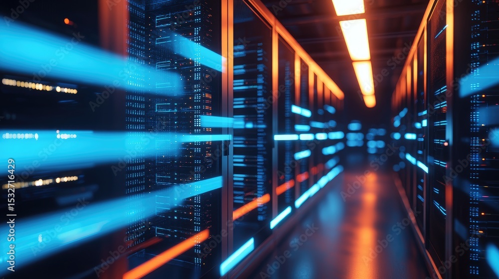 Poster Modern data center with illuminated blue and orange fiber lines streaming across server racks, representing cloud technology, data speed, and digital infrastructure systems