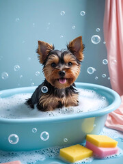 Cute Yorkshire Terrier Puppy Taking a Bubble Bath in a Blue Tub