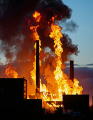 A dramatic scene unfolds at an industrial site where flames and smoke billow from a factory chimney, creating a striking contrast against the evening sky 