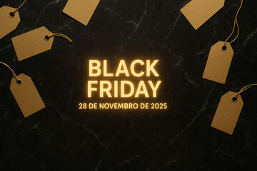 Anúncio de Black Friday 2025 com texto iluminado em dourado sobre fundo preto marmorizado, decorado com etiquetas douradas penduradas.