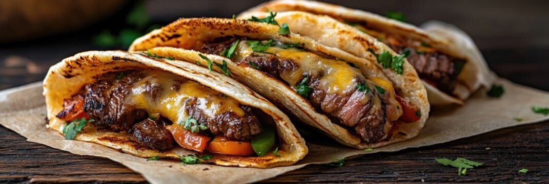 Delicious tacos with grilled meat, vegetables and melted cheese lying on wooden table