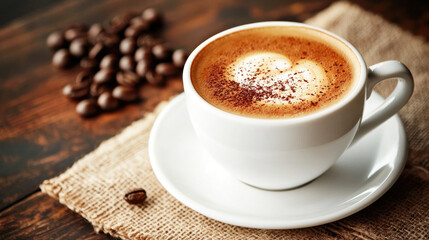 A cup of cappuccino with a heart-shaped foam on a wooden table with coffee beans in the background.