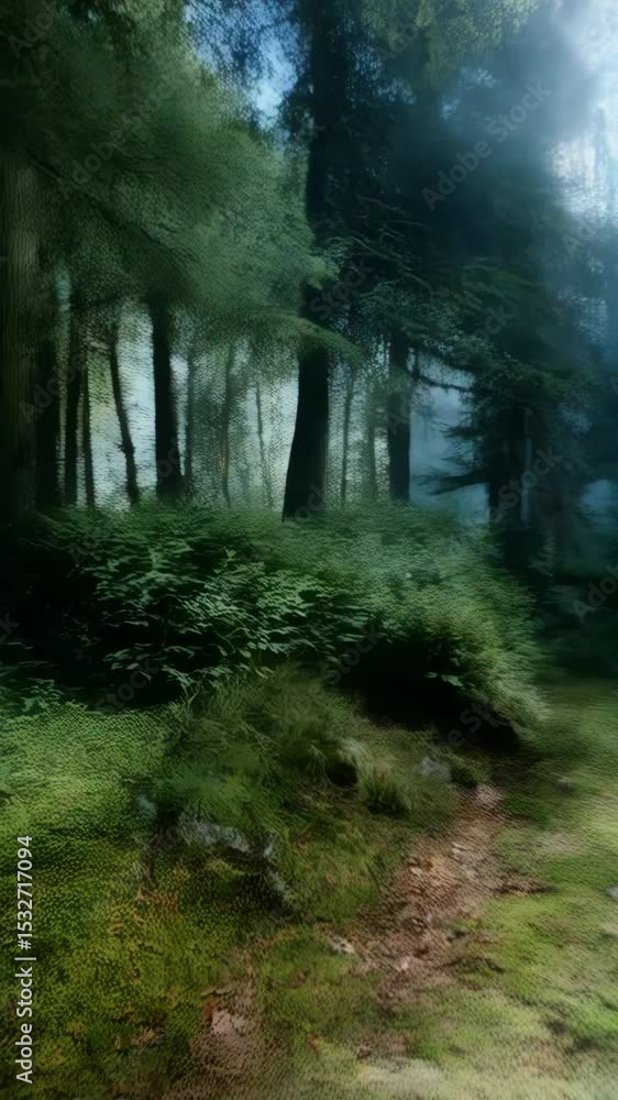 Poster tranquil forest pathway illuminated by soft light filtering through lush green trees and dense fog c
