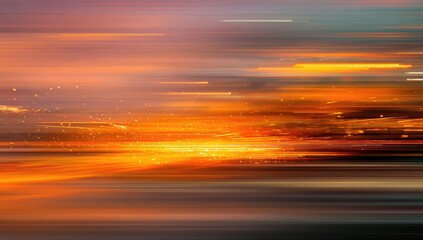 Abstract sunset landscape with blurred horizontal streaks of orange, purple, and grey, featuring a bright golden center with glittering particles