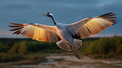 Flying Common Crane Against a Blurred Background