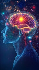 Innovative representation of the human brain showcasing neural connections and vibrant energy, illustrating the complexity of human cognition and creativity.