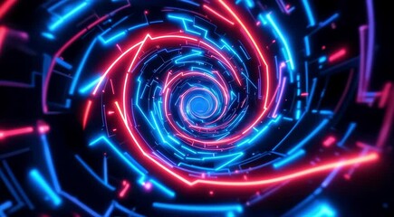 A pulsating spiral of neon lights with geometric distortions occurring as the spiral expands and contracts