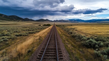 A tranquil landscape features a railway track stretching into the distance, framed by fields and mountains under a dramatic sky filled with storm clouds that enhance its allure.