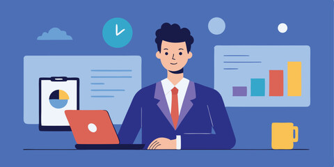 Businessman working on laptop analyzing financial data charts