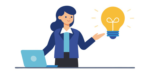 Businesswoman presenting a bright idea with laptop