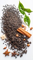 A vibrant spread of loose black tea leaves, aromatic spices, and fresh green leaves beautifully arranged, perfect for culinary and health-related themes, enhancing every dish’s flavor.