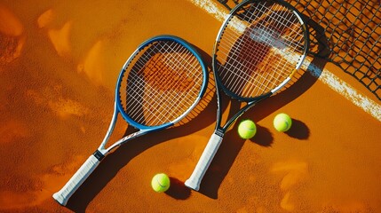 Tennis rackets and balls on a clay court, capturing the essence of sport and recreation, perfect for illustrating athleticism or leisure in an energetic environment.