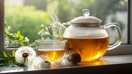 A tranquil moment captured: a stylish teapot pours warm herbal tea into a glass cup, surrounded by delicate dandelions, symbolizing comfort and relaxation in nature.