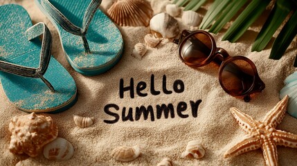 Flat Lay of Beach Items with 'Hello Summer' Text on Sand – Flip-Flops, Sunglasses, Shells in Sunny Vacation Setting, Fun Seasonal Mood, Travel and Lifestyle Concept, Summer Holiday Background