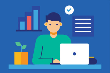 Young man working on laptop with growth chart and checklist