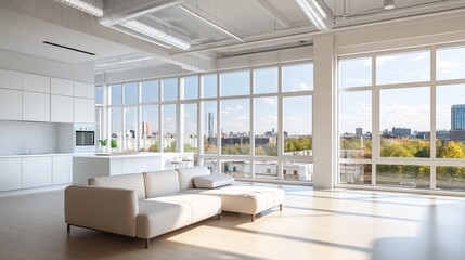 Sunny modern living space with large windows showcasing a stunning city view, perfect for contemporary lifestyle imagery that inspires interior design enthusiasts.